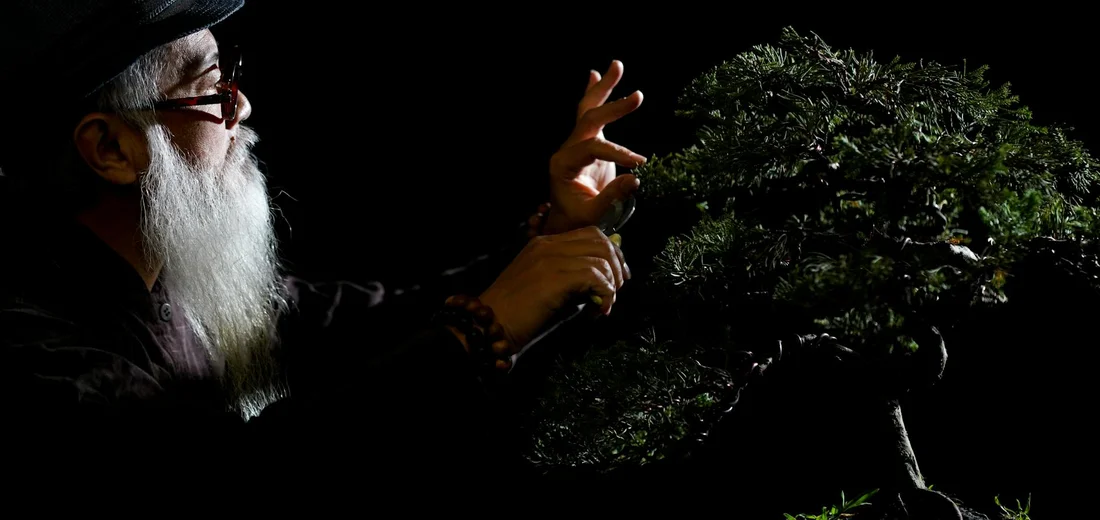 Bearded gardener wearing a hat and glasses tends a small bonsai tree in a dark setting.