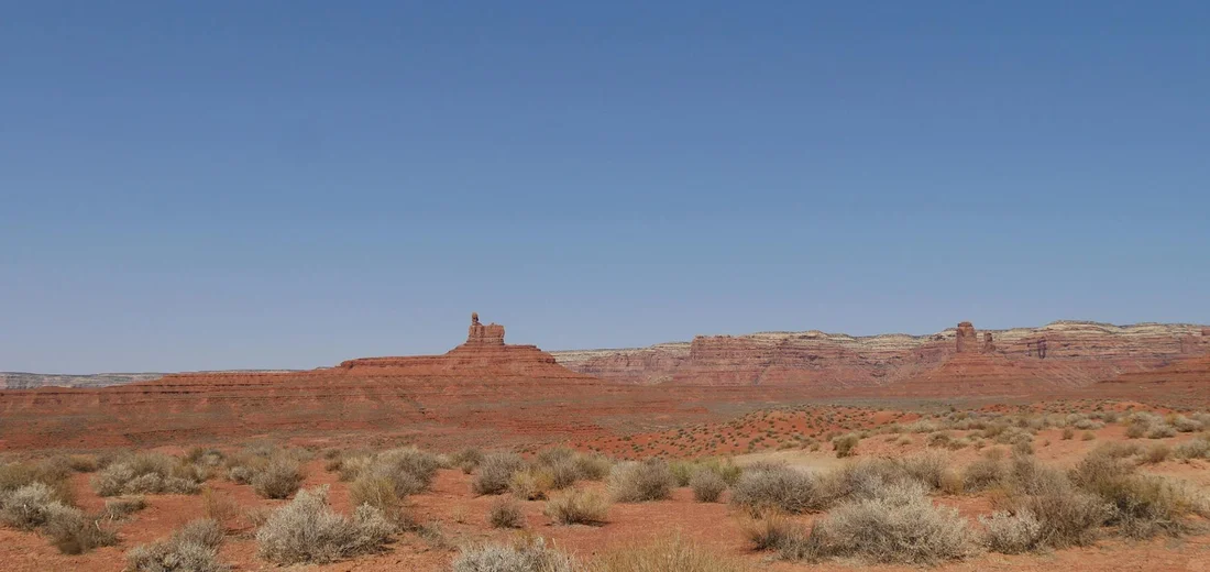 Desert landscape with red-orange terrain, sparse shrubs, and distant mesas under a clear blue sky.