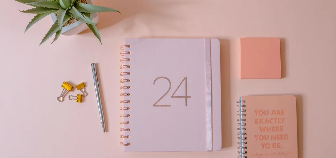 Top-down flat lay of a pink desk featuring a small succulent plant in the upper left, a spiral notebook labeled 24, a pencil, and two pastel sticky notes, suggesting planning for hydroponic growing.