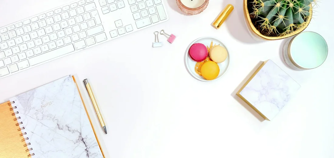 Top-down view of a bright desk with a small succulent plant, notebook, keyboard, and assorted supplies arranged for sowing succulent seeds.