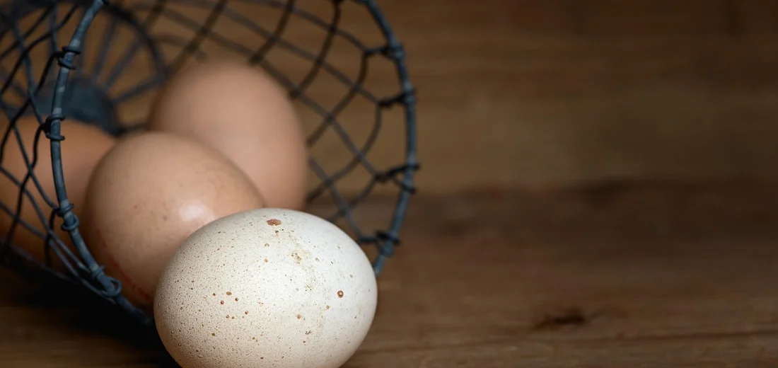 Eggs in a small black wire basket resting on a wooden surface