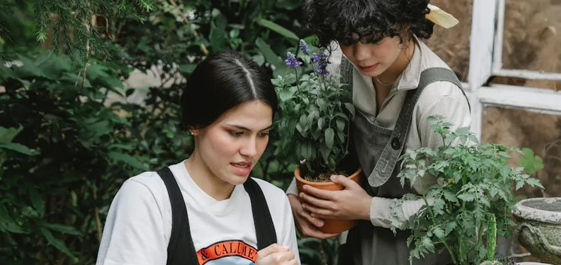 Two gardeners in a garden examining a potted plant among lush green foliage.
