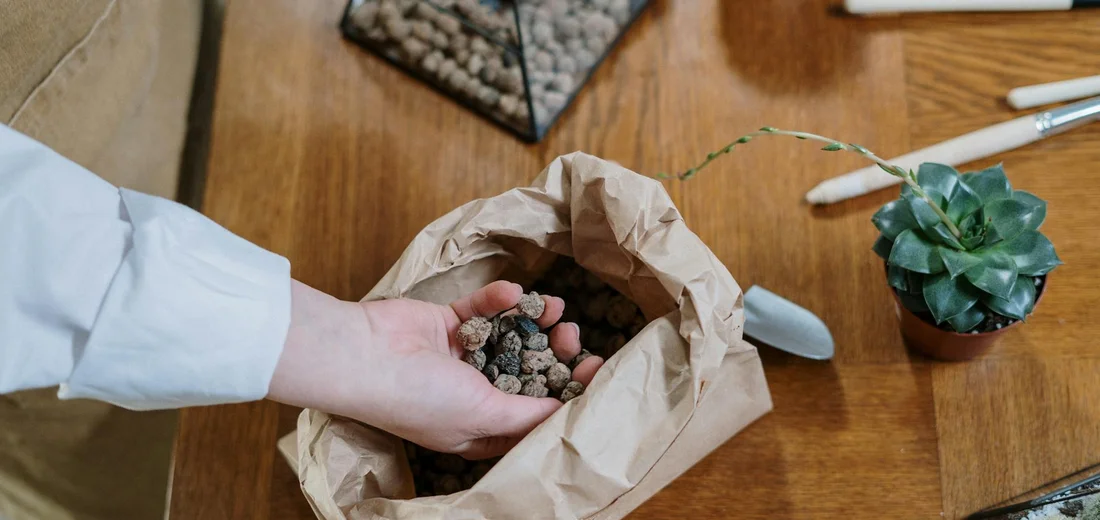A person places small decorative stones into a brown paper bag on a wooden table; a potted succulent and a white marker are visible nearby.