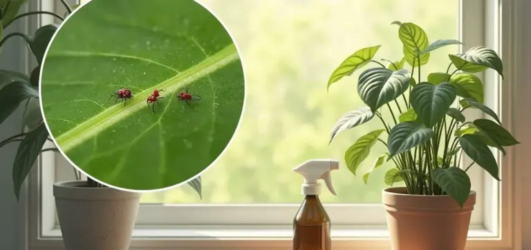 Windowsill with two potted houseplants and a spray bottle; a circular inset shows a close-up of tiny red pests on a leaf.