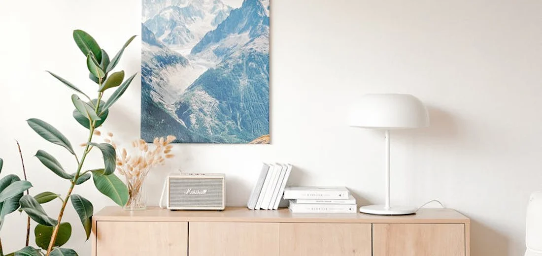 Minimalist living room with a potted plant on a wooden sideboard, blue mountain artwork, books, and a white lamp.