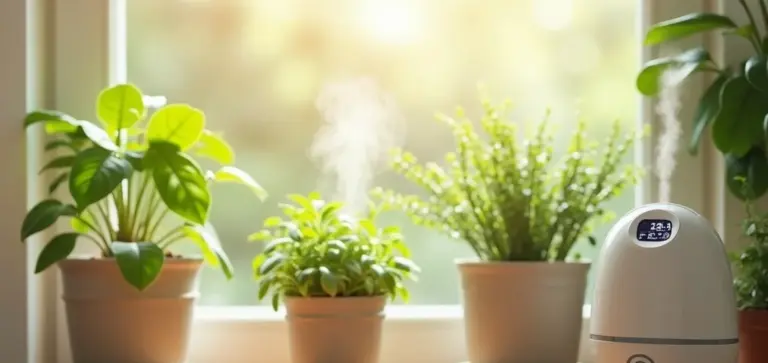 Three potted indoor plants on a sunlit windowsill with a small humidifier releasing mist to maintain humidity.