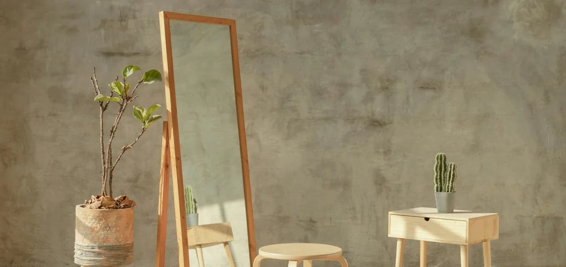 A minimalist indoor scene with a tall wooden-framed mirror, a potted plant on the left, and a small cactus on a light wooden table, set against a gray wall.
