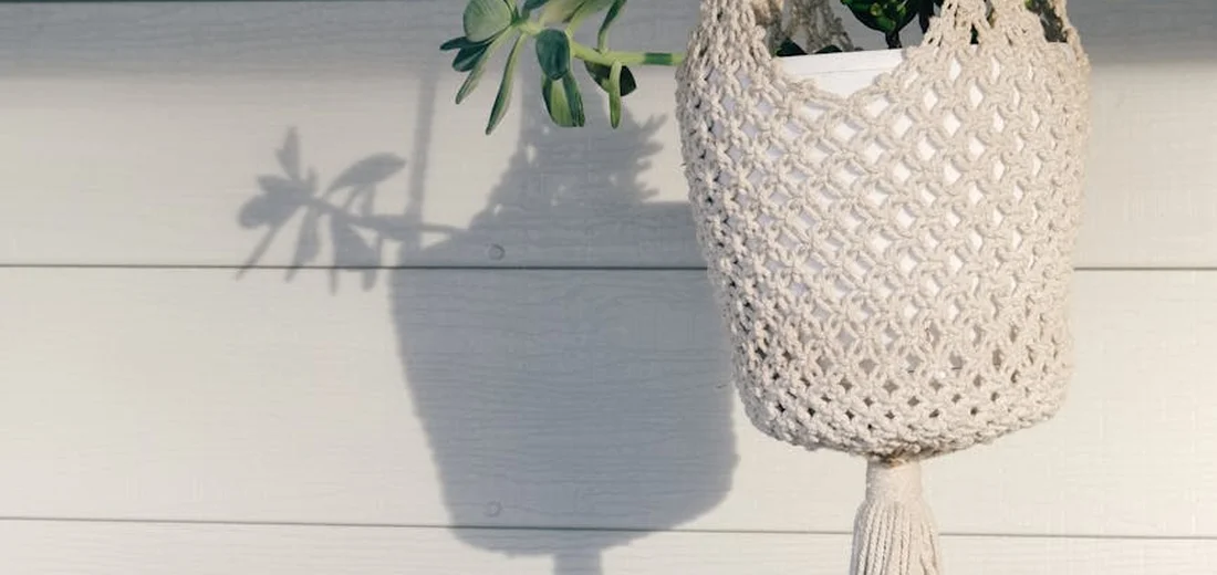A macramé hanging planter containing a succulent, suspended against a pale wooden wall with a soft shadow cast nearby.