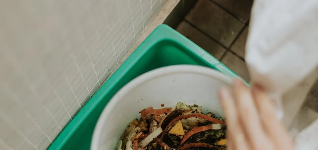 A white bowl filled with coffee grounds inside a green compost bin, with a hand reaching toward it.