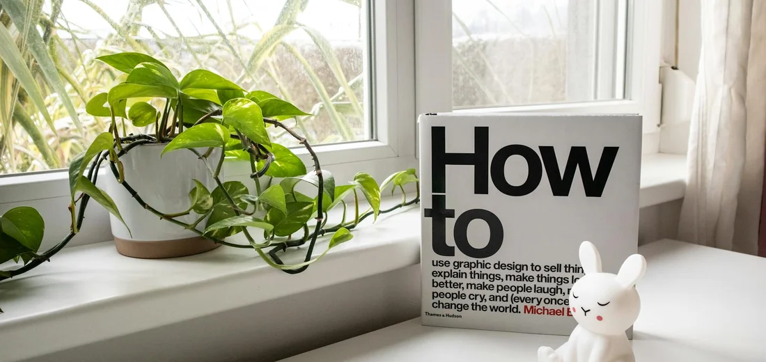 Pothos plant with trailing vines in a pot on a sunlit windowsill, beside a white book with bold text and a small white bunny figurine.