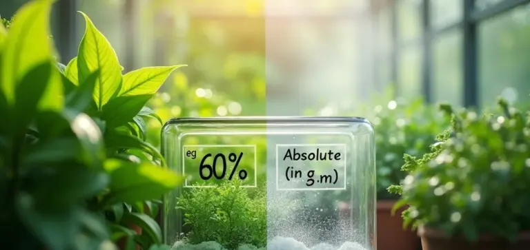 Humidity display showing 60% relative humidity next to a panel labeled Absolute (in g.m) inside a glass enclosure, surrounded by green plants.