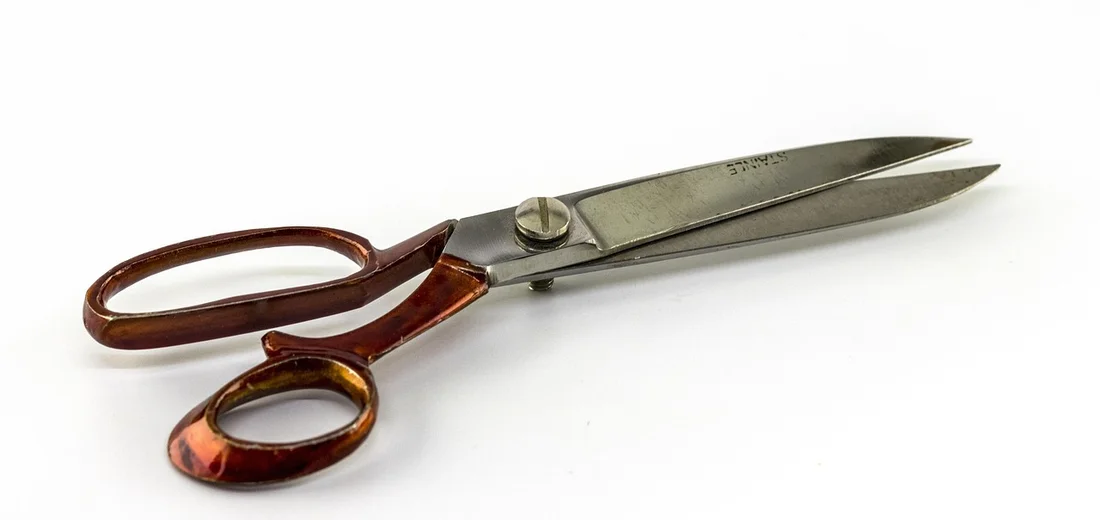 Metal scissors with brown handles on a white background, used for pruning pothos stems before propagation