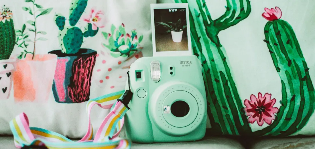 Mint-green instant camera resting on a surface with a cactus-pattern backdrop and colorful ribbons, evoking a playful setup for year-round succulent care.
