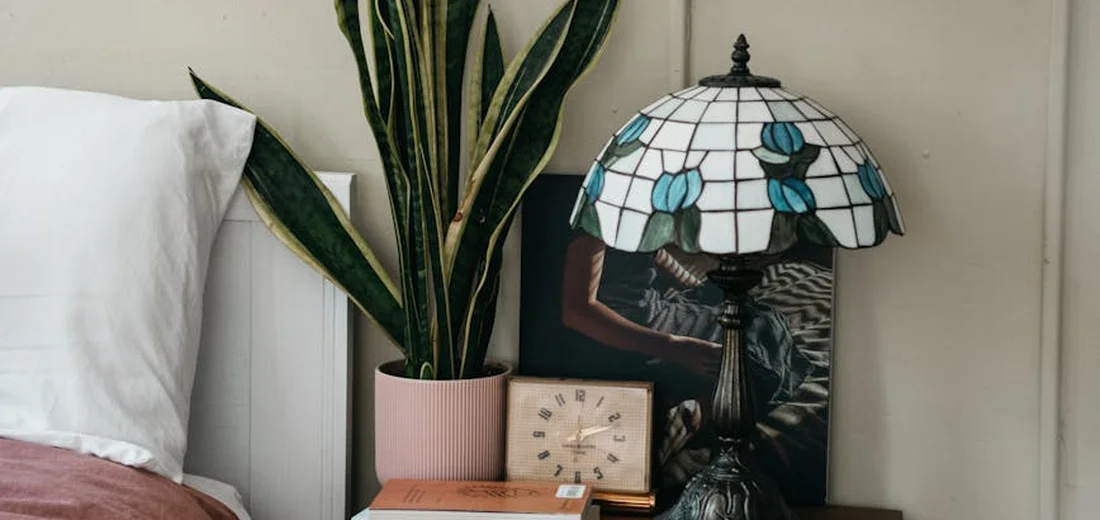 Snake plant in a pink pot with tall, upright leaves on a wooden bedside table, beside a Tiffany-style stained-glass lamp and a small clock; a white bed with pillows is in the background.