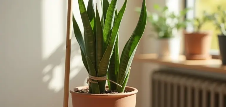 Snake plant in a terracotta pot with a wooden stake supporting its tall upright leaves near a sunlit windowsill.