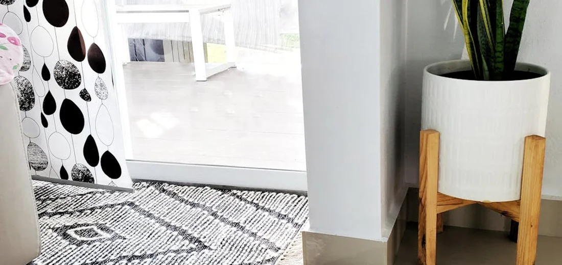 Snake plant in a white ceramic pot on a wooden plant stand near a window, with a black-and-white patterned rug nearby.