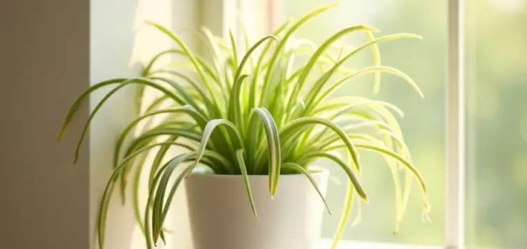 Spider plant (Chlorophytum comosum) with long variegated green and yellow leaves in a white pot on a sunlit windowsill