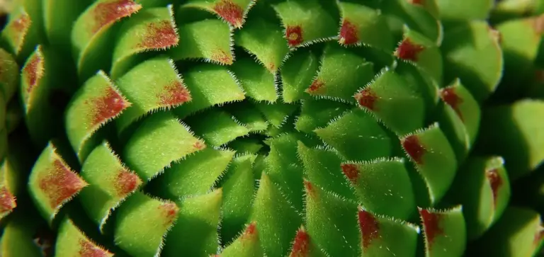 Macro close-up of a green succulent rosette with tight leaves and brown-tipped edges.