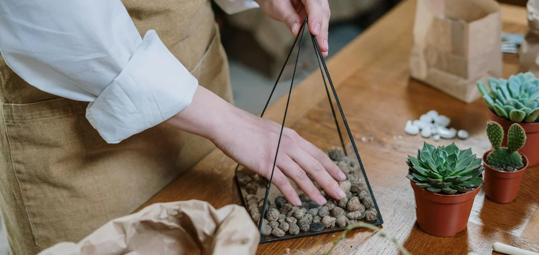 Person arranging a geometric glass terrarium with rocks, while small potted succulents sit on a wooden table nearby.