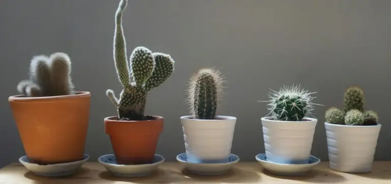 Row of five small succulents and cacti in pots on a wooden surface with a neutral background.