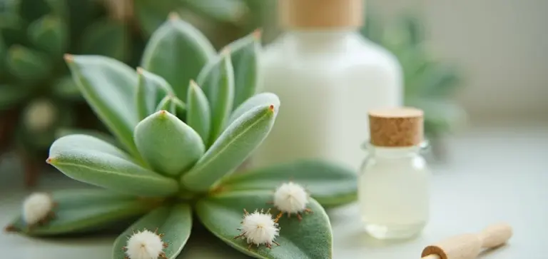 Close-up of a succulent with white mealybugs on its leaves, with small bottles in the background.