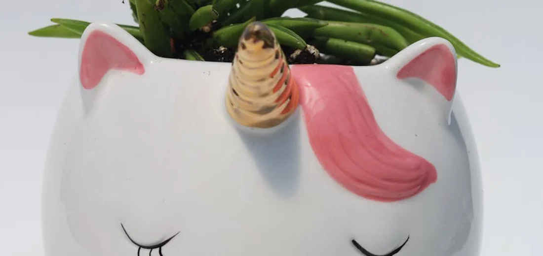 A unicorn-shaped white planter with a pink mane, housing a green succulent.